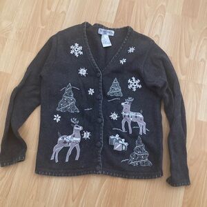 Gray Christmas Holiday Cardigan with White Accents - Perfect Ugly Sweater